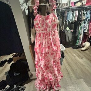 Pink Floral Long Slit Dress